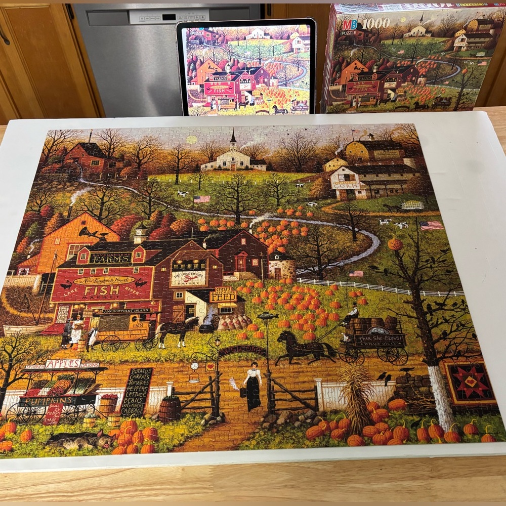 Vintage MB fall puzzle - 1000 pc - all pieces in box - fair condition